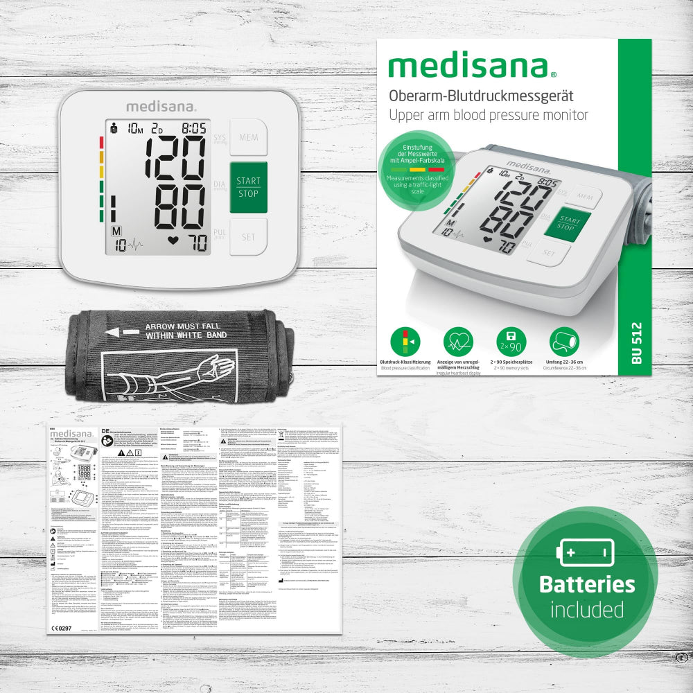 Medisana BU 512 verpakking inclusief manchet, slangetje en batterijen
