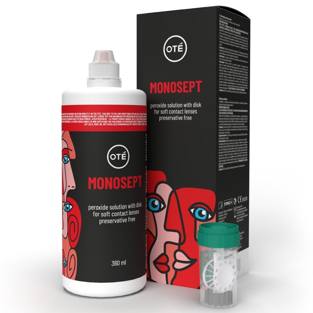 Oté Monosept lenzenvloeistof fles met verpakking en transparante opbergcontainer