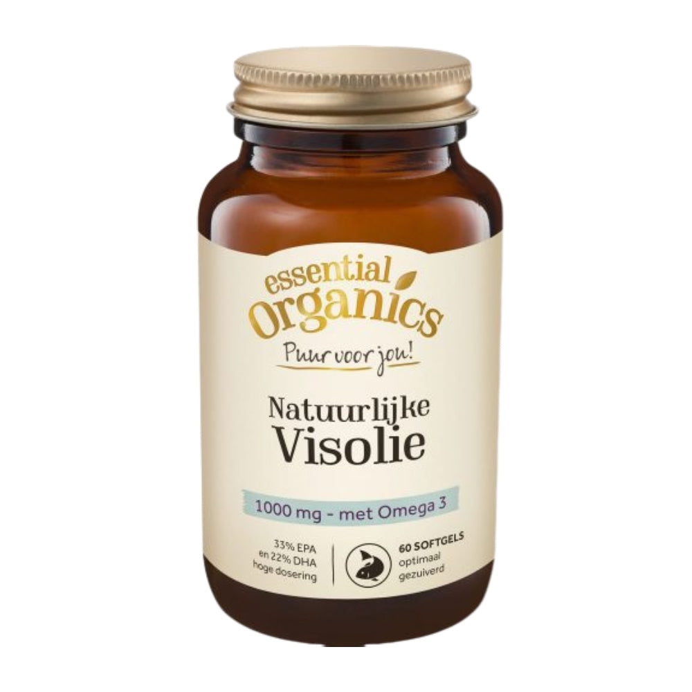 Essential Organics Natuurlijke Visolie Omega 3 softgels in glazen fles