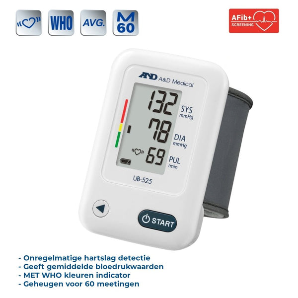 AND UB-525 Polsbloeddrukmeter- vooraanzicht - met afib- en functie overzicht -shopvoorgezondheid