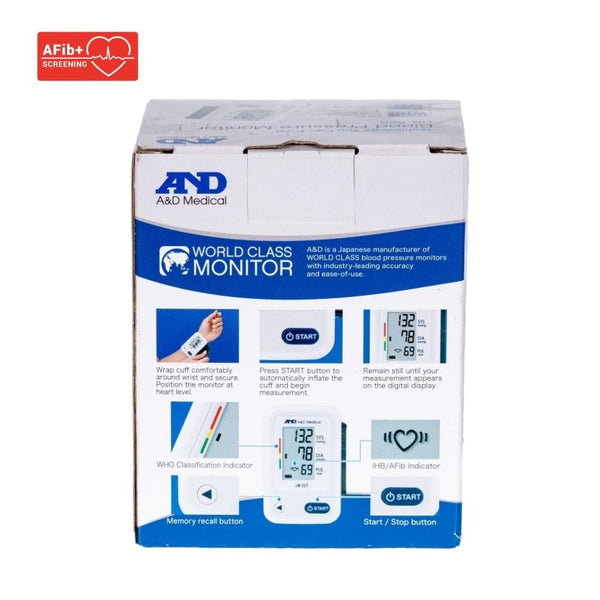 AND UB-525 Polsbloeddrukmeter- achterkant verpakking - shopvoorgezondheid