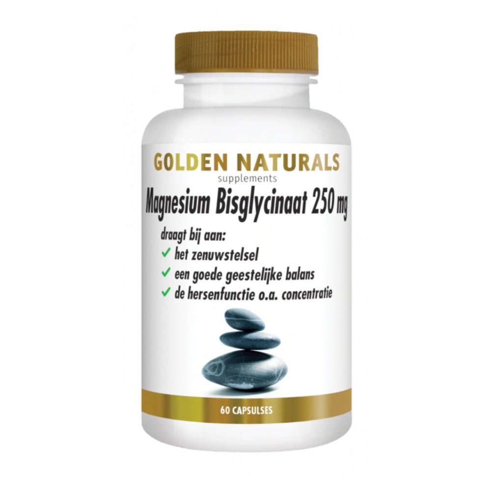 Golden Naturals Magnesium Bisglycinaat 250 mg capsules in witte fles met gouden dop voor zenuwstelsel en geestelijke balans