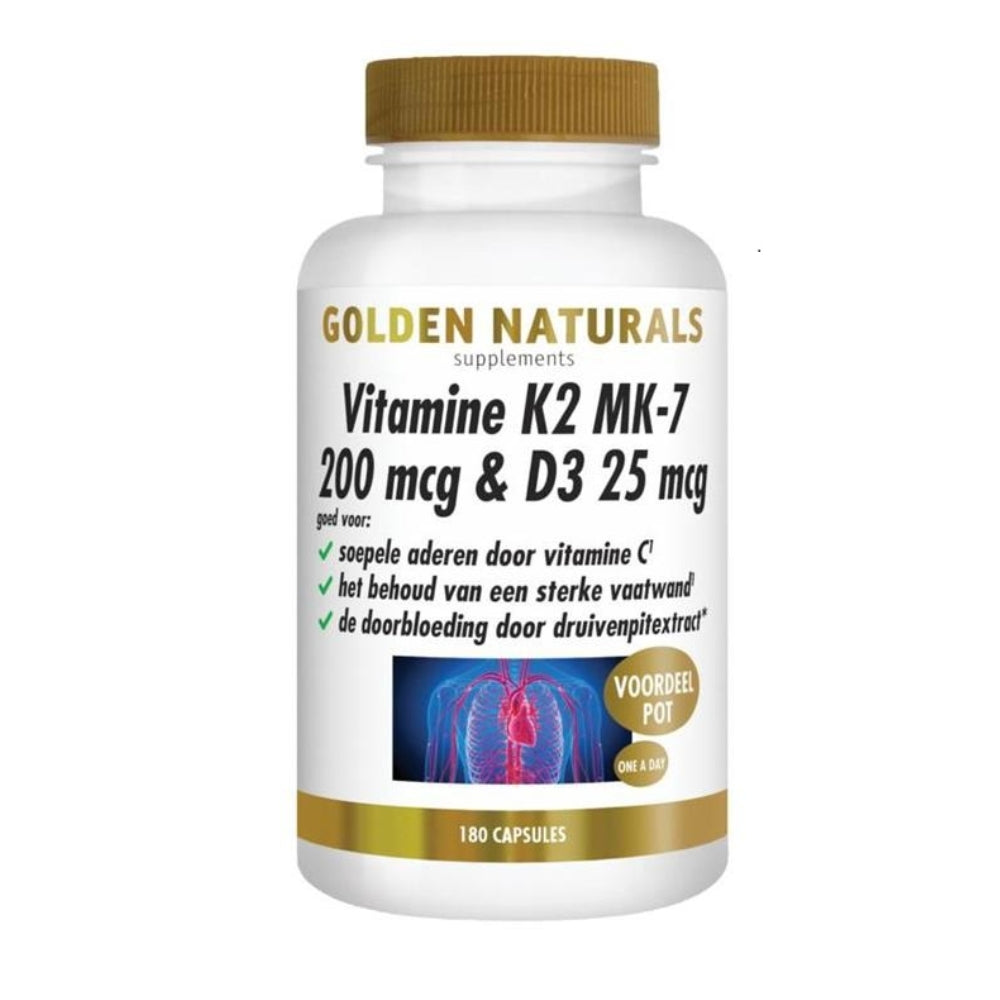 Vitamine K2 MK-7 & D3 capsules fles met details over voordelen voor bloedsomloop