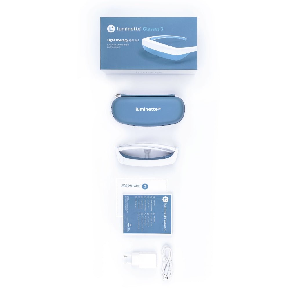 Inhoud verpakking Luminette Glasses 3 inclusief draagtas, adapter en handleiding