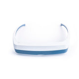 Minimalistisch vooraanzicht van wit-blauwe Luminette 3 lichttherapiebril met knop