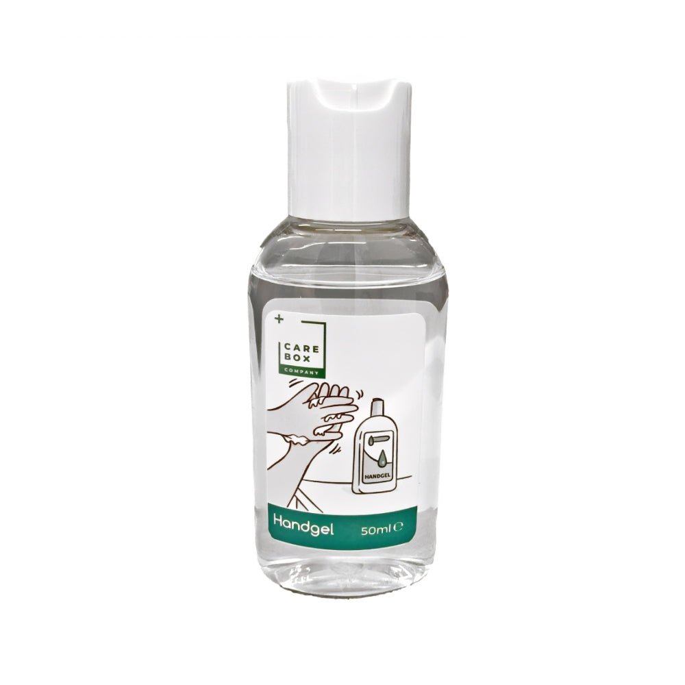 CareBoxCompany desinfecterende handgel 50ml in transparant flesje met witte dop en groen etiket