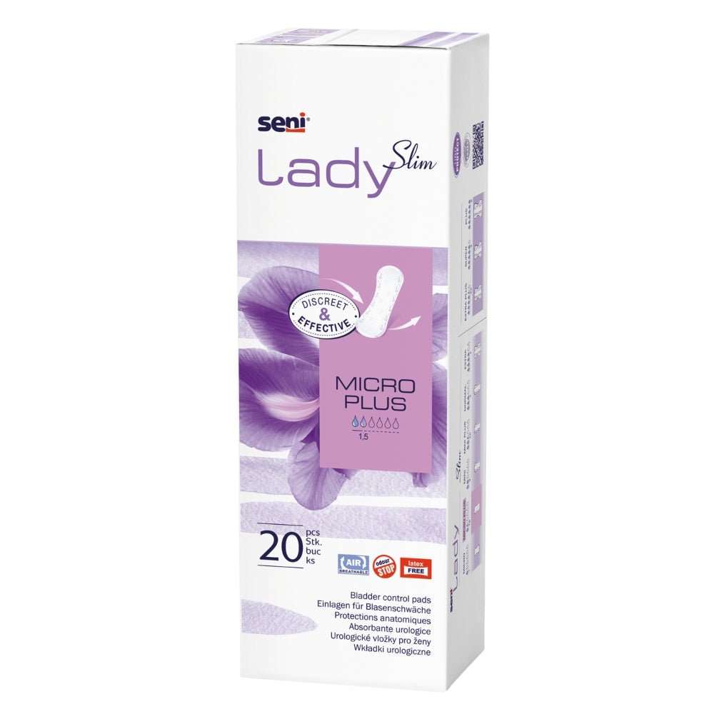 Seni Lady Slim MICRO PLUS incontinentieverband verpakking 20 stuks met schaal van absorptie