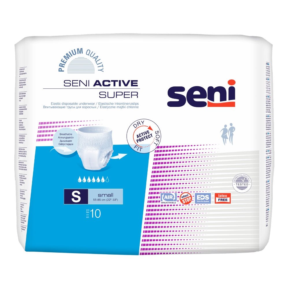 Seni Active Super incontinentiebroekjes maat S, verpakking van 10 stuks met geurneutralisatie