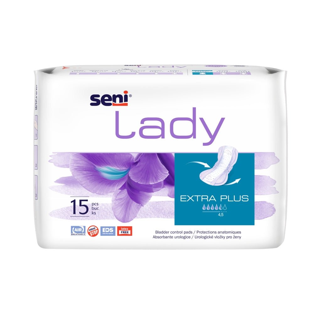 Seni Lady Extra Plus incontinentieverband verpakking 15 stuks met vijf druppels absorptie en EDS technologie