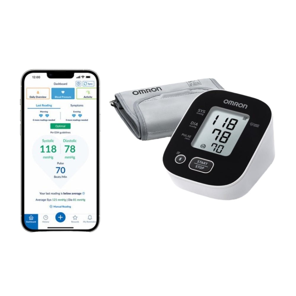 Omron M2 Intelli IT bloeddrukmeter gekoppeld aan smartphone app voor metingen