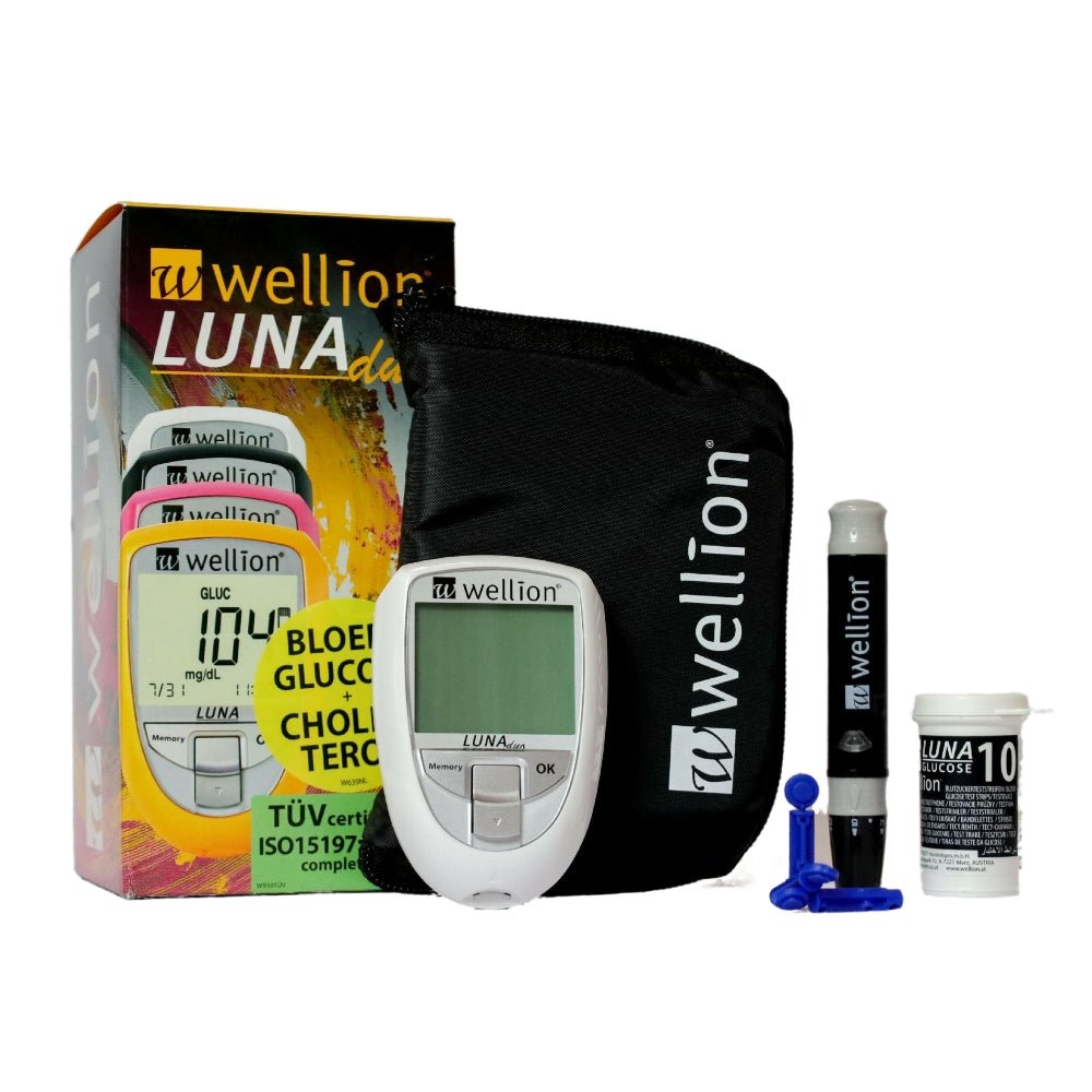 Verpakking Wellion Luna Duo starterkit met lancetpen, strips en draagtas