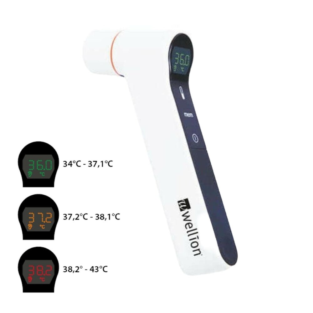 Wellion infrarood thermometer wit donkerblauw met digitaal scherm en meetkop