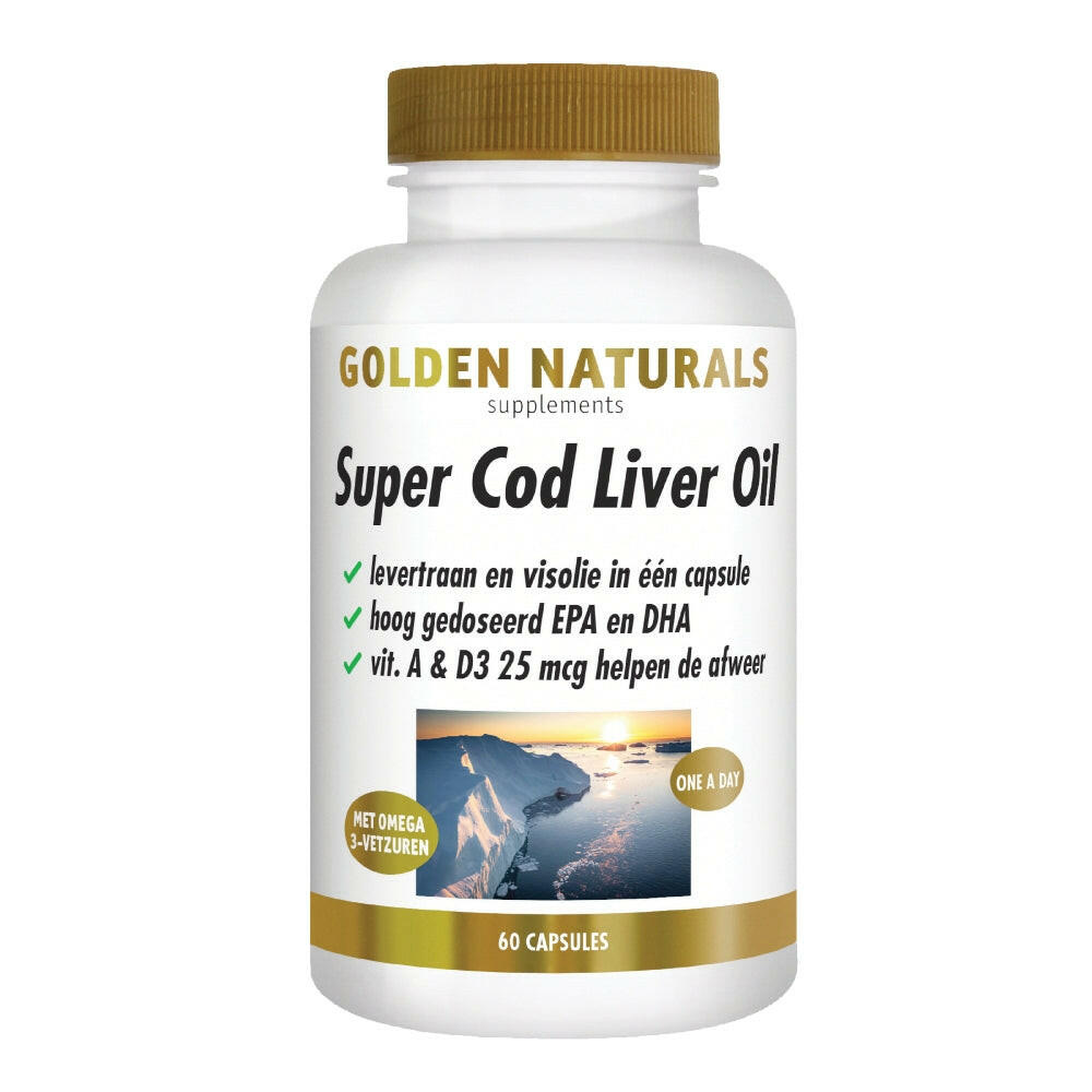 Golden Naturals Super Cod Liver Oil fles met 60 softgel capsules, levertraan en visolie voor hart en hersenen