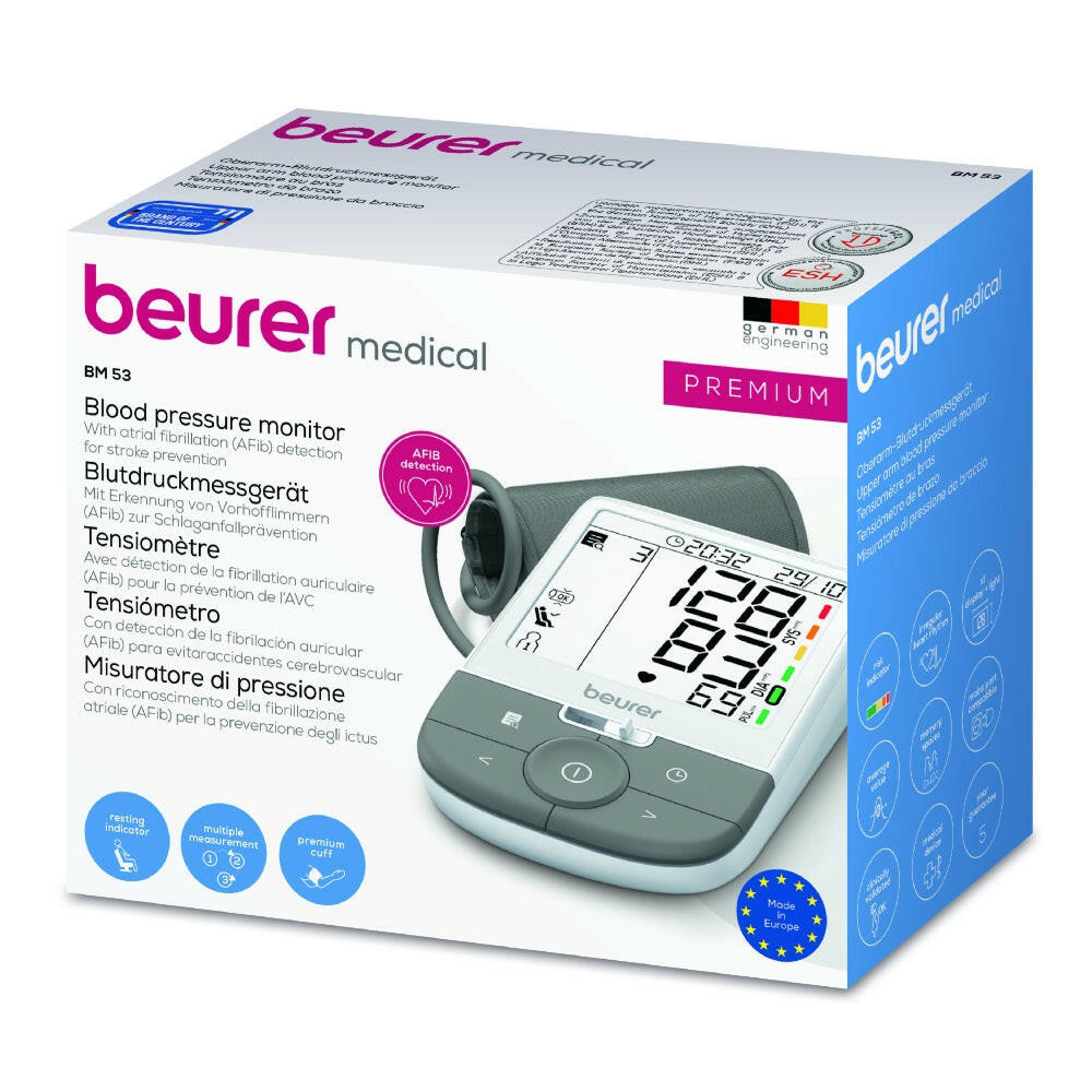 Beurer BM 53 verpakkingsdoos met AFib-detectie en premium manchet kenmerken
