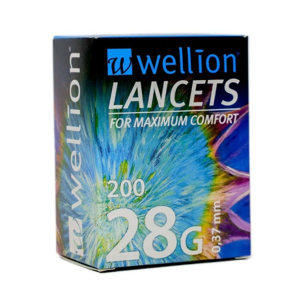 Blauw-witte Wellion lancetten verpakking 28G 0,37 mm voor pijnloze glucosemeting