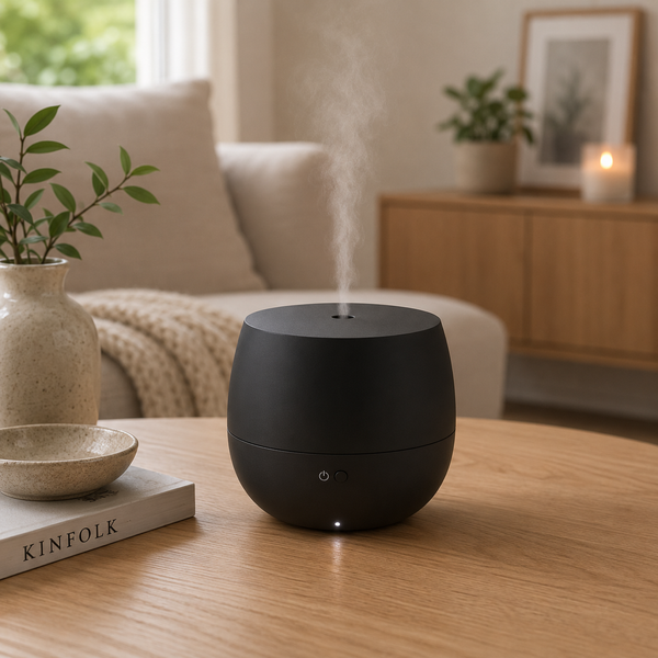 Stadler Form Mia aroma diffuser zwart met mat oppervlak en nevel op houten tafel