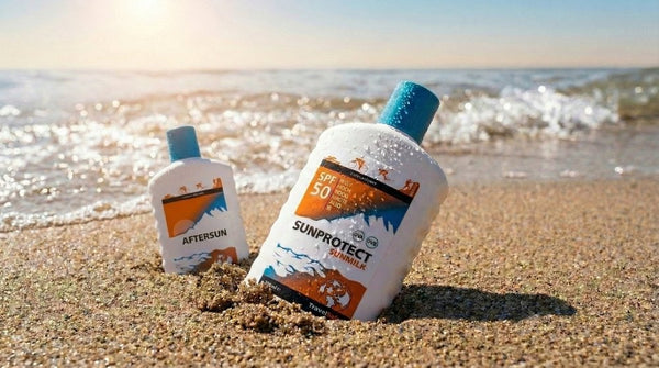TravelSafe zonnebrandcrème SPF 50 en aftersun op het strand met condensdruppels