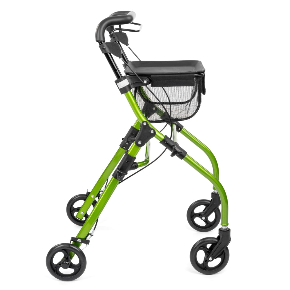 Zijaanzicht groene rollator met zwarte wielen en remmen