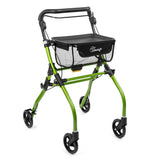 Voorzijde groene Timago rollator met verstelbare handgrepen en tas