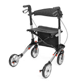 Timago Yola rollator achterzijde: zilveren frame, zwarte rugleuning en onderzittas voor dagelijks gebruik