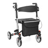 Timago Yola rollator zijprofiel: aluminium frame, zwarte zitting met logo en reflecterende opbergzak