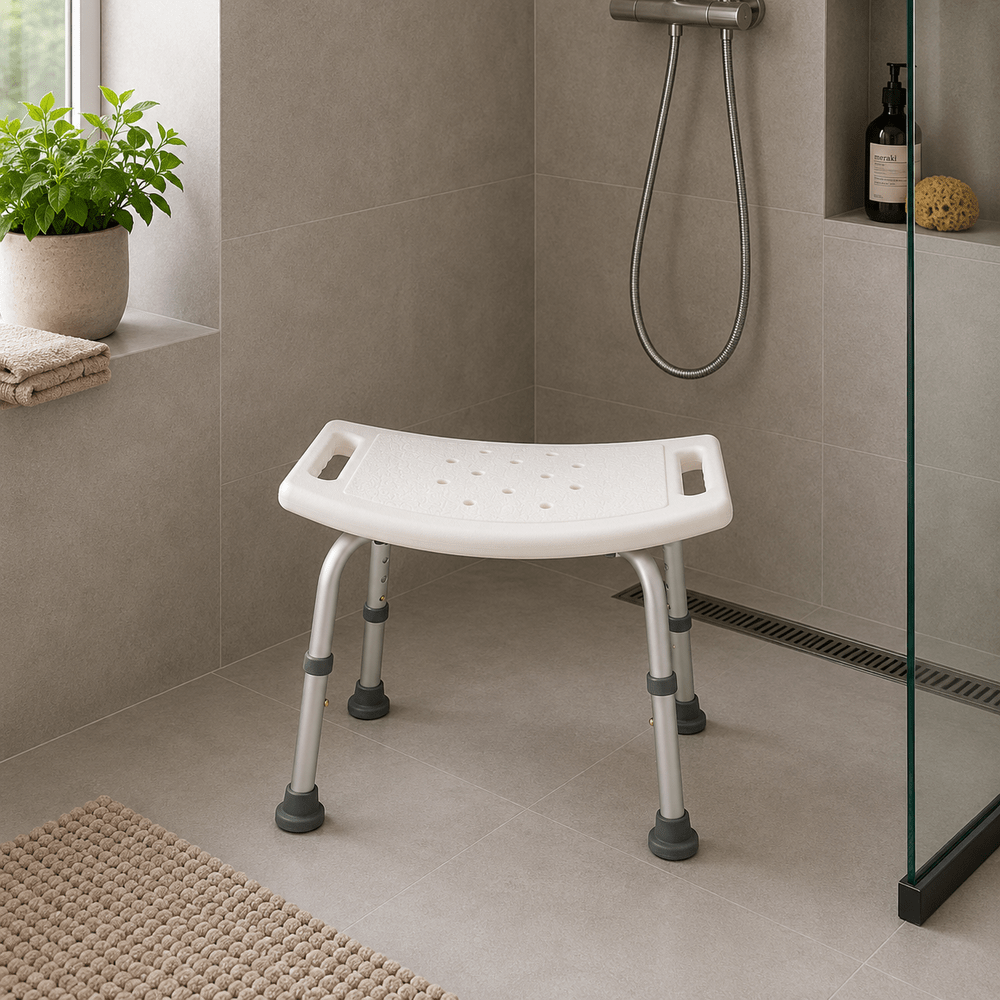 Witte Timago douchekruk met aluminium poten en antislip doppen