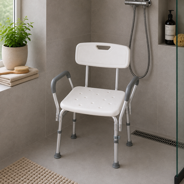 Witte Timago douchestoel met rug- en armsteunen, aluminium frame en verstelbare poten