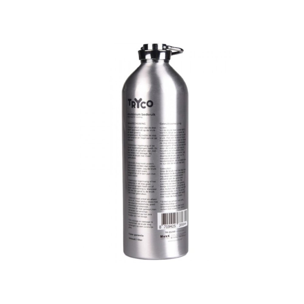Tryco aluminium bedkruik zilver met label en barcode