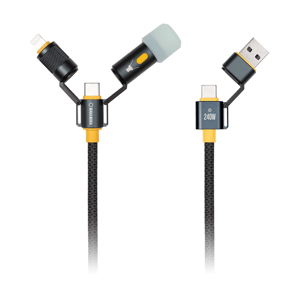 Waka Waka Connect Pro 5-in-1 oplaadkabel zwart met gele accenten en LED-lampje