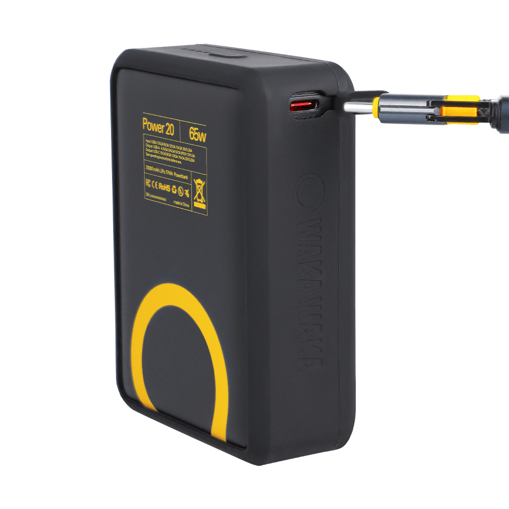 Waka Waka Power 20 powerbank zwart geel met USB-C kabel en 65W snelladen