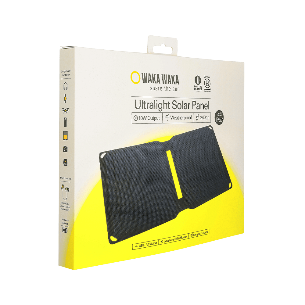 Verpakking ultralicht Waka Waka zonnepaneel 10W IP57 waterdicht