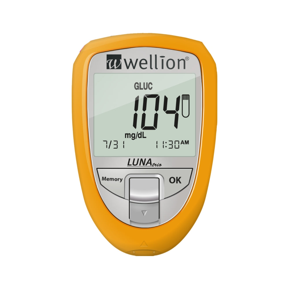 Oranje Wellion Luna Trio glucosemeter met groot display en zilveren bedieningspaneel