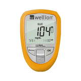 Oranje Wellion Luna Trio glucosemeter met groot display en zilveren bedieningspaneel