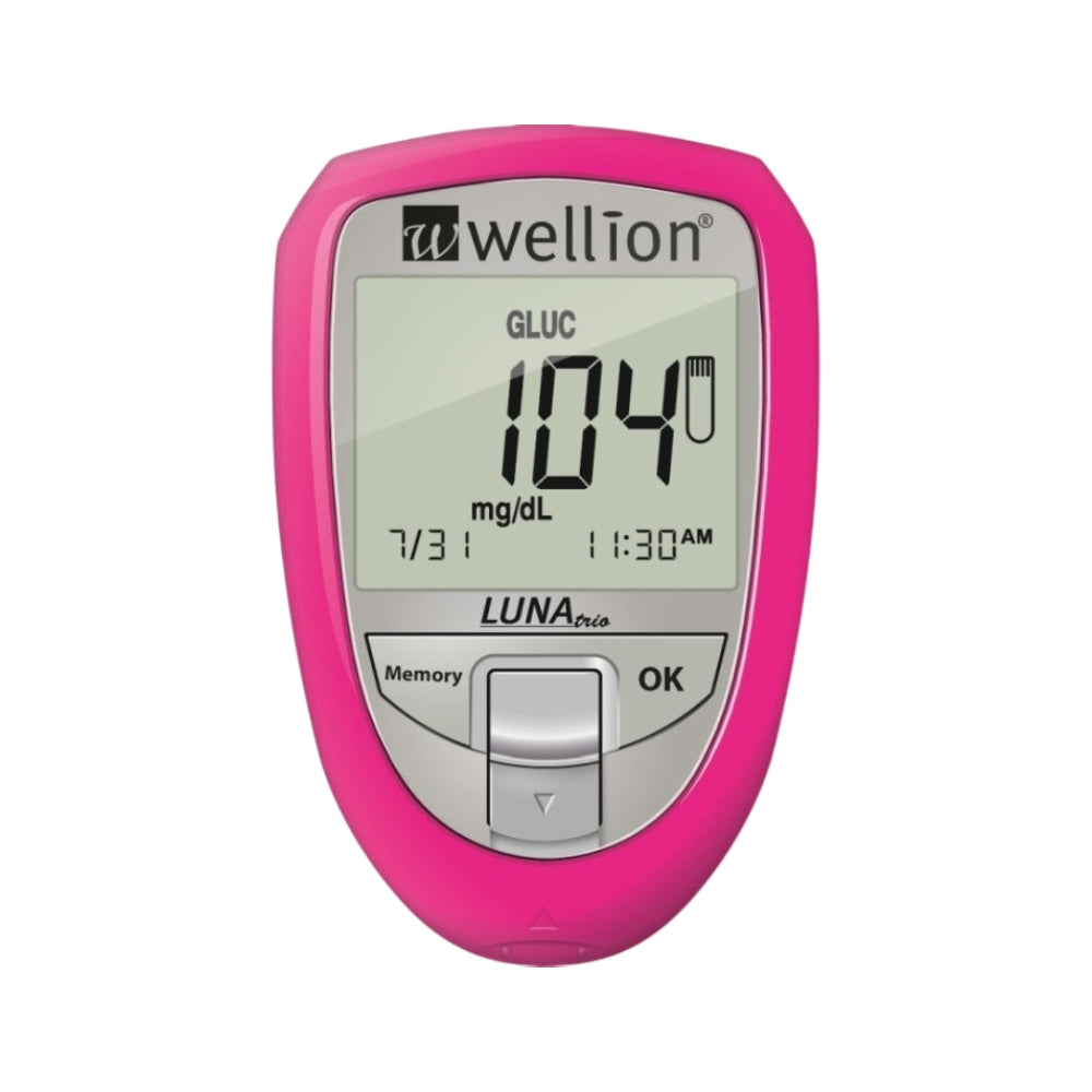 Felroze Wellion Luna Trio glucosemeter met groot display en zilveren bedieningspaneel