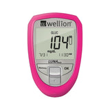 Felroze Wellion Luna Trio glucosemeter met groot display en zilveren bedieningspaneel
