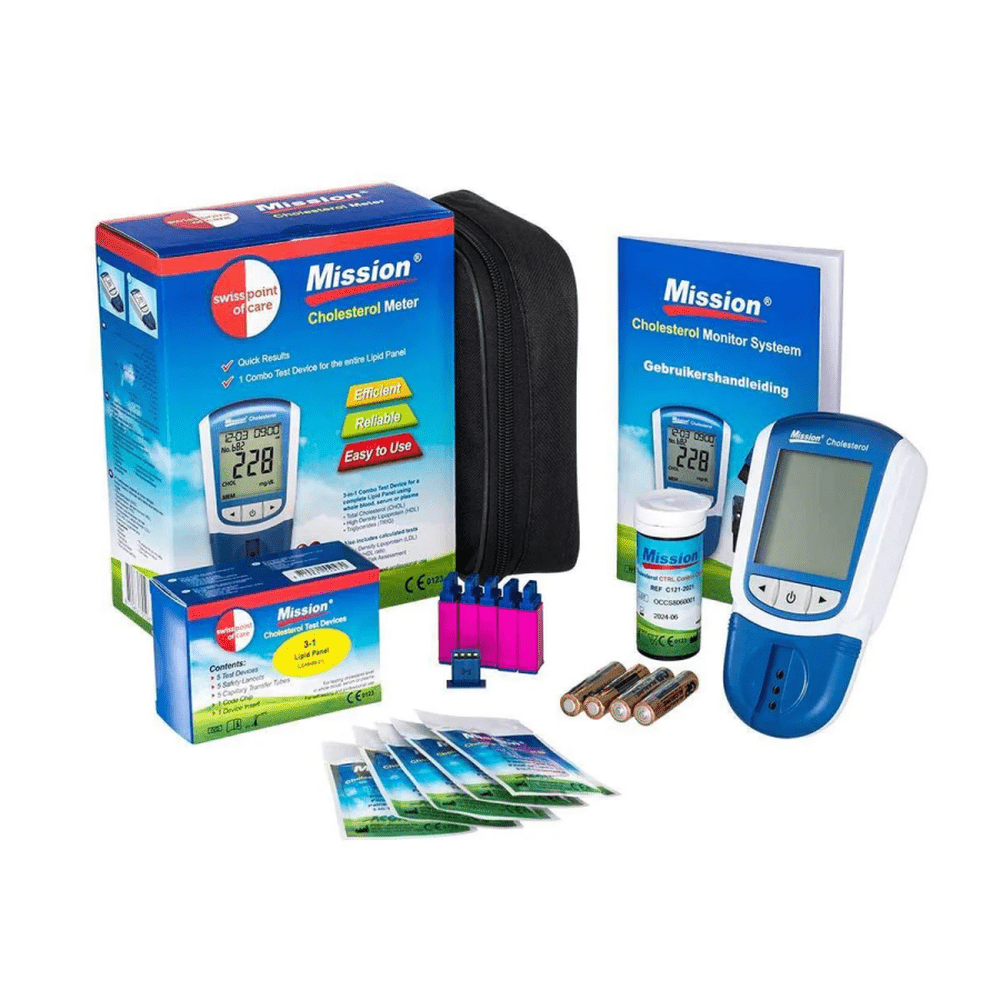 Mission cholesterolmeter startpakket met 5 teststrips, batterijen en draagtas
