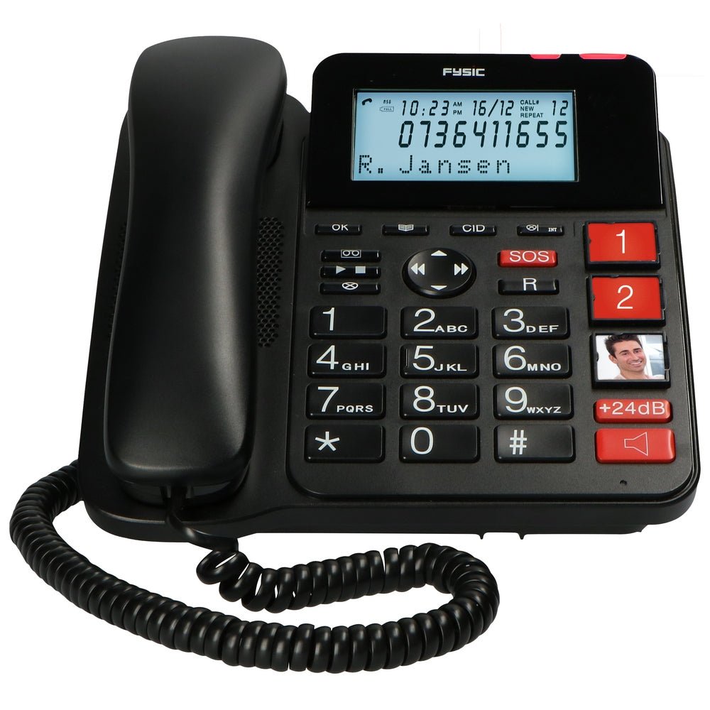 Vooraanzicht Fysic FX3960 seniorentelefoon met grote toetsen en foto-contacten