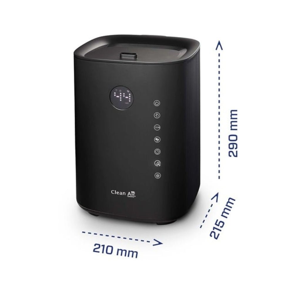 Zwarte Clean Air Optima luchtbevochtiger met digitale display en afmetingen 29x21x21 cm
