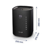 Zwarte Clean Air Optima luchtbevochtiger met digitale display en afmetingen 29x21x21 cm