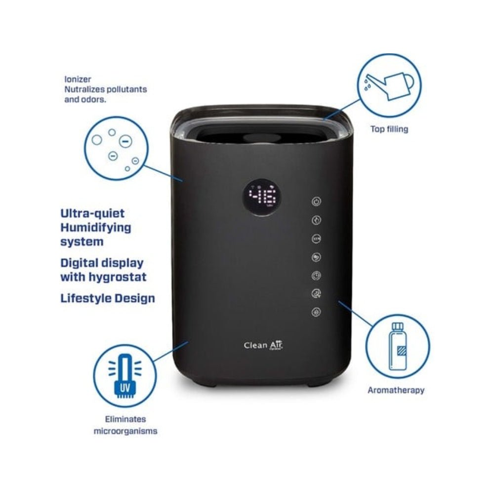 Clean Air Optima CA-605 zwarte luchtbevochtiger met iconen ionisator aromatherapie