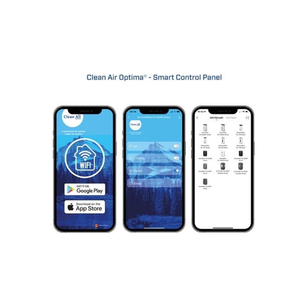 Smartphone app interface Clean Air Optima voor instellingen ionisator en UV-lamp