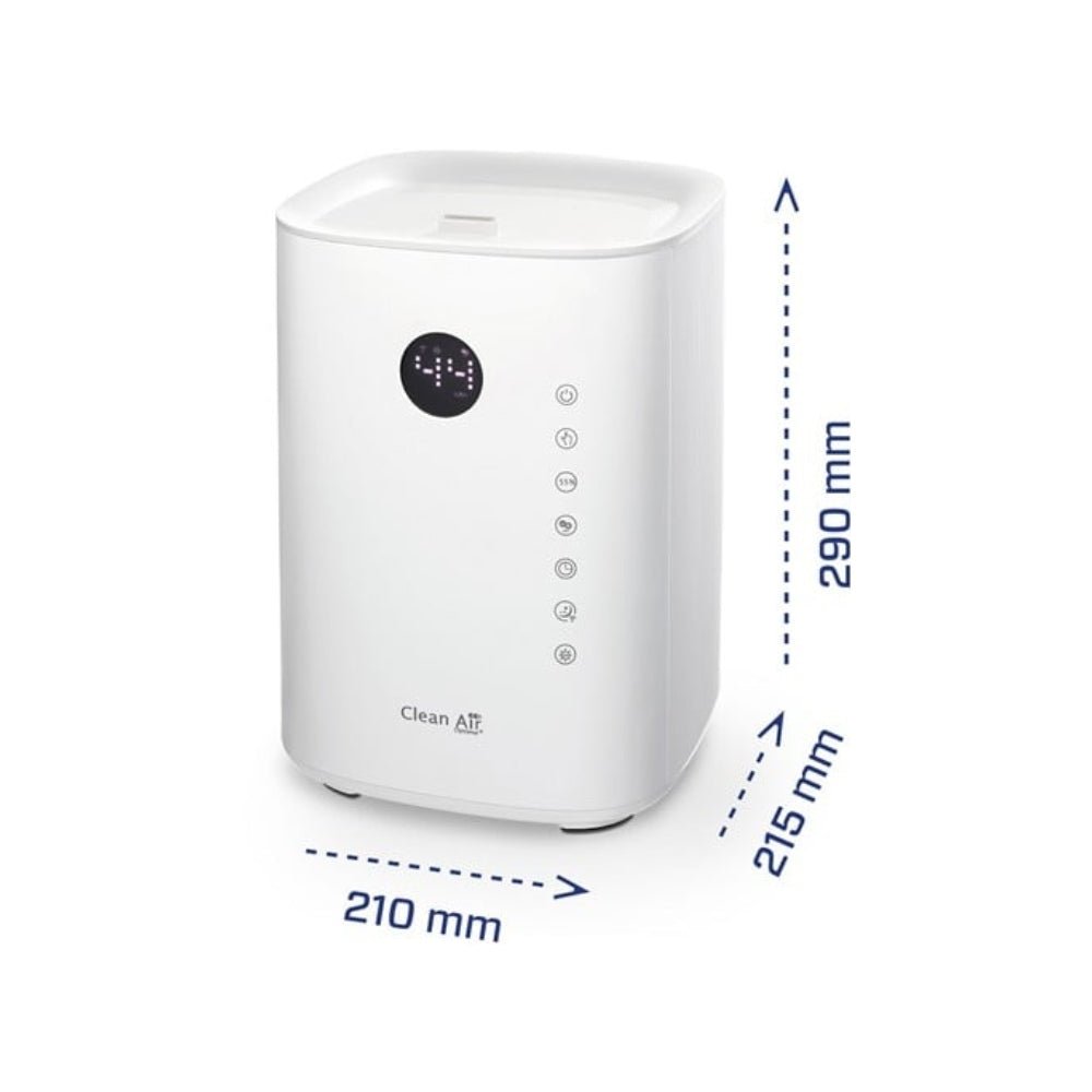 Witte Clean Air Optima luchtbevochtiger met afmetingen 21x21,5x29 cm en digitale bediening