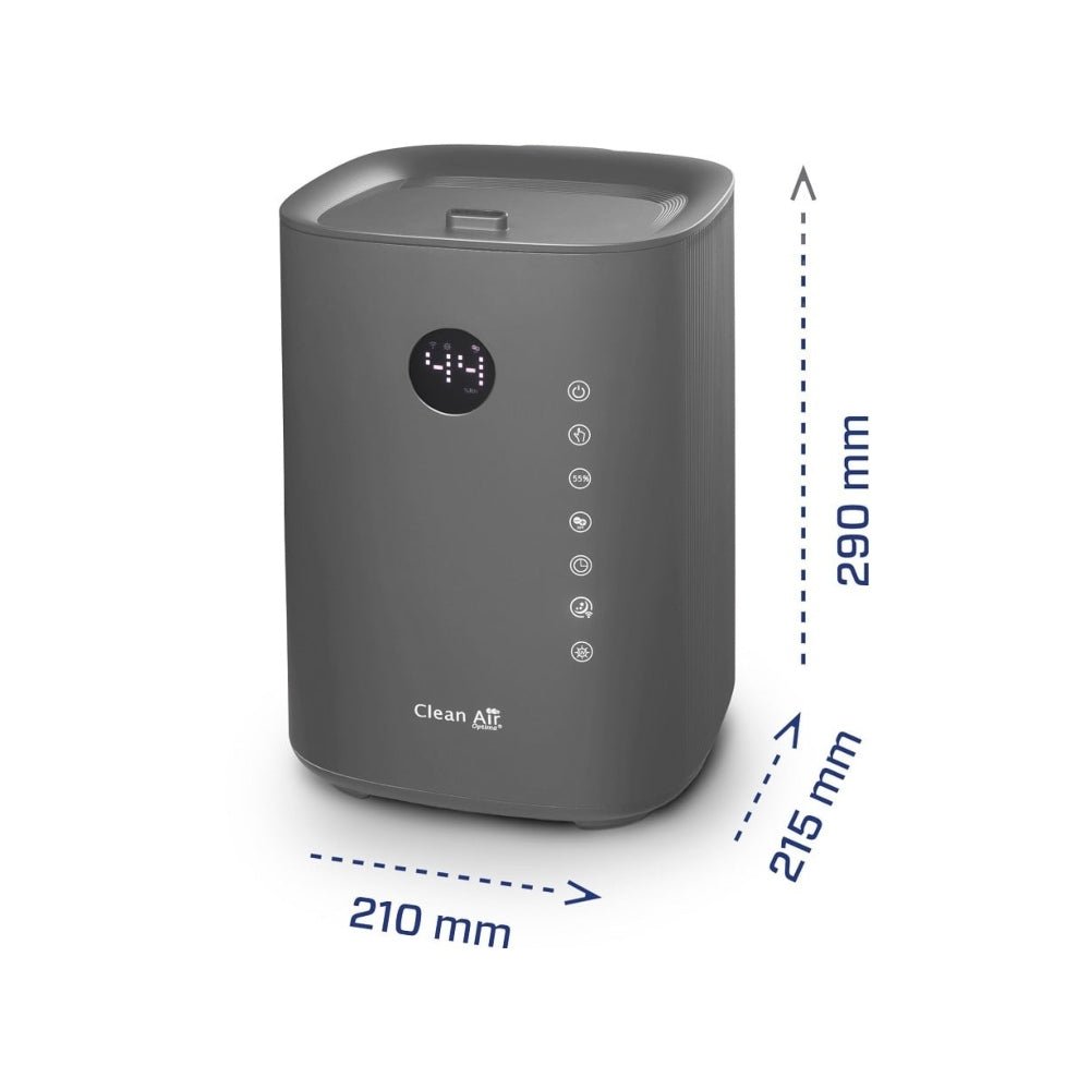 Clean Air Optima CA-605 grijze smart luchtbevochtiger met digitale display en afmetingen