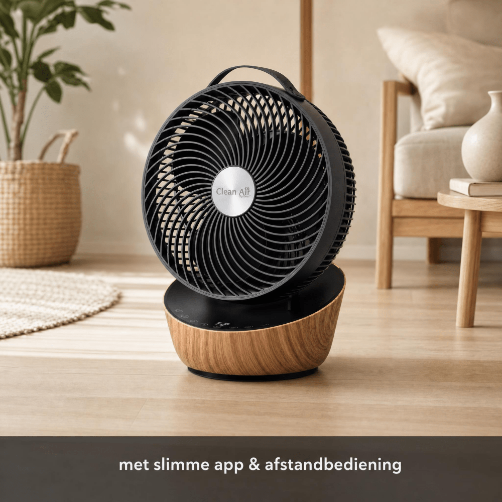 Clean Air Optima ventilator in woonkamer met houten voet en slimme app bediening