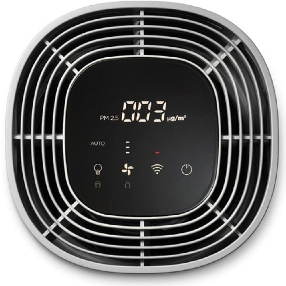 Ronde PM2.5 display Clean Air Optima met AUTO modus en ventilator iconen