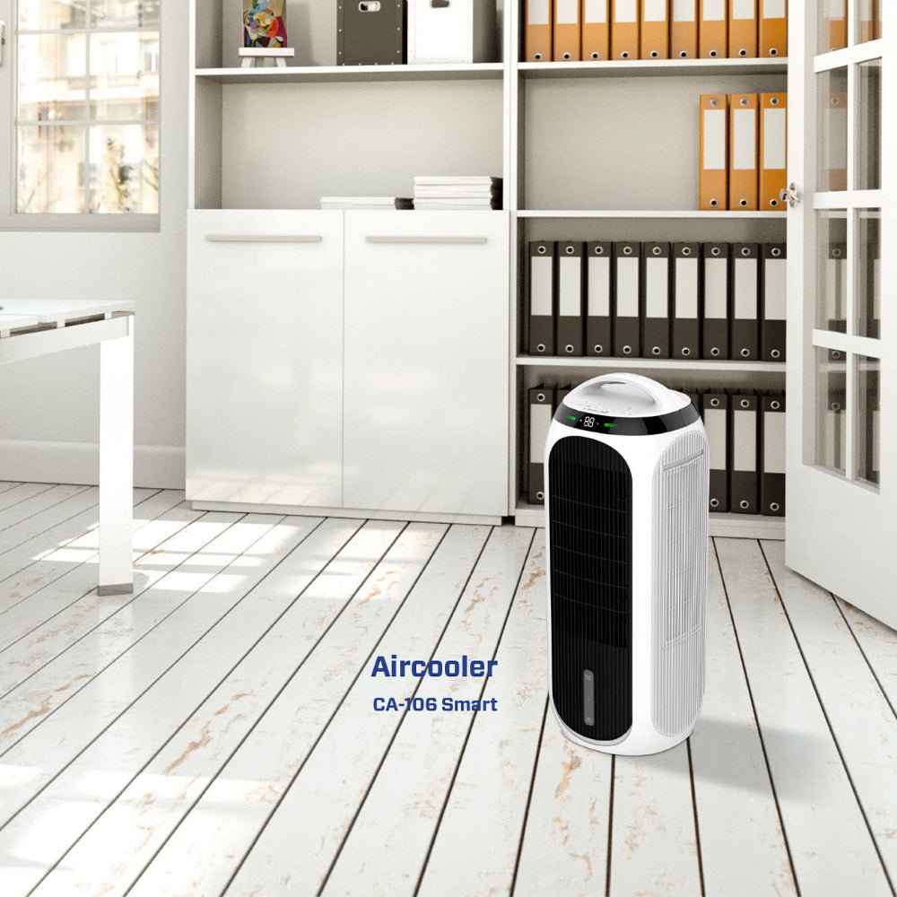 Clean Air Optima luchtkoeler in woonkamer setting met digitaal display