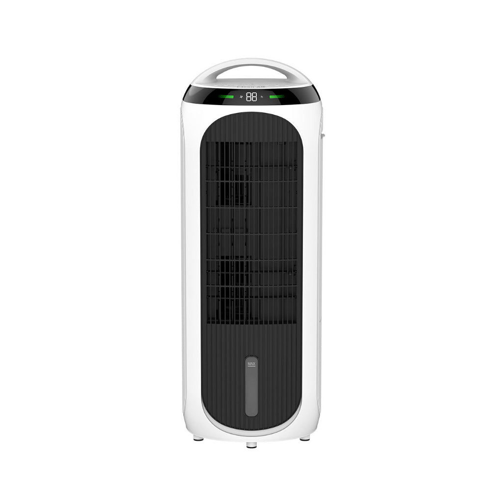 Voorzijde witte Clean Air Optima CA-106 luchtkoeler met MAX-label en display