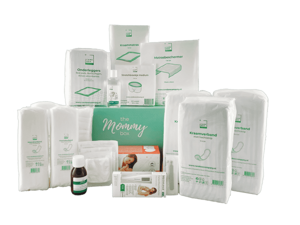 Kraampakket - de Mommy Box compleet - inhoud uitgestald - van CareBoxCompany - Shopvoorgezondheid