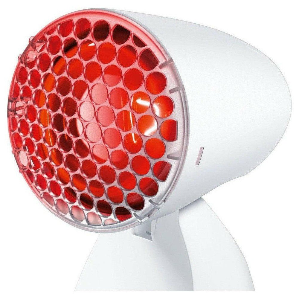 Sanitas infraroodlamp met witte cilindrische behuizing en beschermrooster met ronde openingen