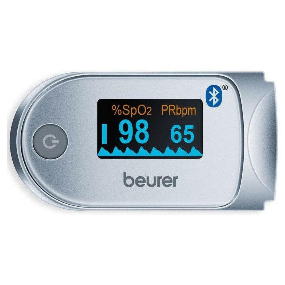 Zilveren Beurer PO 60 saturatiemeter met glanzende afwerking en display